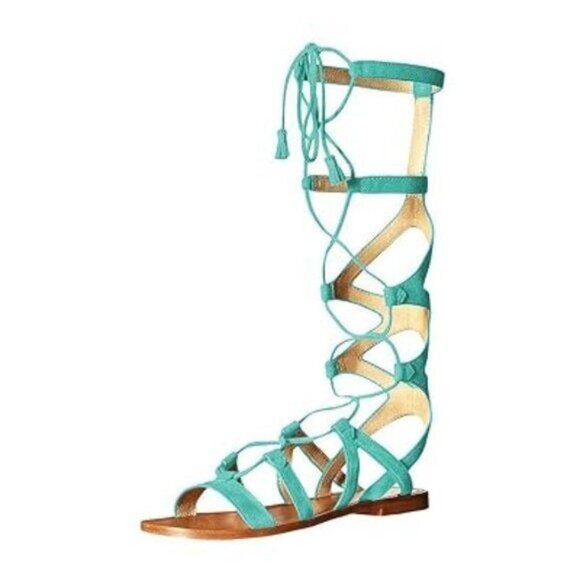 YDN Women Sexy Knee High Lace up Flats Fringe Low Heel Gladiator Strap Sandals - Picture 1 of 8